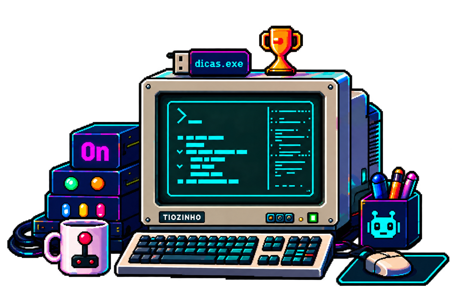 Estação de computador retrô com monitor, teclado, mouse e troféu